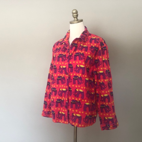 Sleep Shirt Medium Elephants Pink Purple Flannel Button Front - Picture 4 of 9